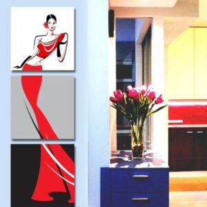 16¡Á16in¡Á3 Panels Graceful Lady in Red Dress Printed Canvas Hanging Framed Wall Prints