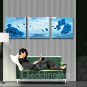 New Arrival Amazing Blue Roses and Water Drops Print 3-piece Cross Film Wall Art Prints