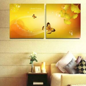 New Arrival Lovely Golden Butterfly and Leaves Print 2-piece Cross Film Wall Art Prints
