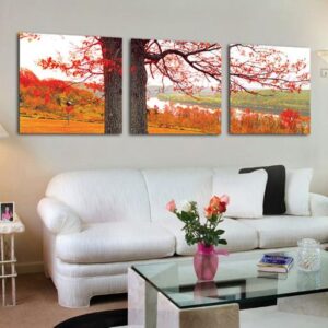 Beautiful Tree and Golden Red Leaves Print 3-piece Cross Film Wall Art Prints