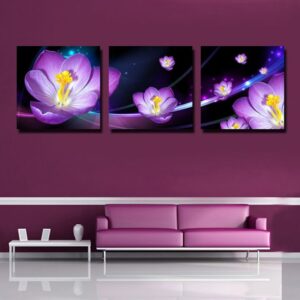 Purple 3D Flowers Print 3-piece Cross Film Wall Art Prints