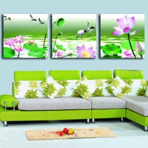 Pink Lotus and White Crane in Green River 3-piece Cross Film Wall Art Prints