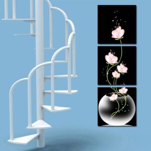 16¡Á16in¡Á3 Panels Pink Flowers in Vase Hanging Canvas Waterproof Eco-friendly Black Prints