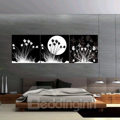 Black Decorative with White Flowers and Sun Canvas Wall Art Prints