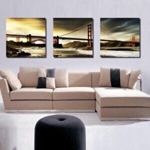 16¡Á16in¡Á3 Panels Golden Gate Bridge in Sunset Hanging Canvas Waterproof Eco-friendly Framed Prints