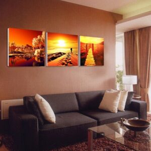 16¡Á16in¡Á3 Panels Desert Trees Sea in Sunset Hanging Canvas Waterproof and Eco-friendly Framed Prints