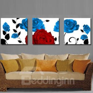 Blue and Red Roses Pattern 3-pieces Canvas Framed Wall Art Prints