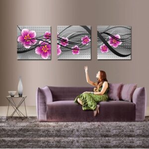 16¡Á16in¡Á3 Panels Pink Flowers Hanging Canvas Waterproof and Eco-friendly Framed Prints