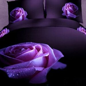 US Only Attractive Dewy Pink Rose 3D Printed Bedding Sets Purple 4-Piece Duvet Cover Sets Colorful Endurable All-Season Ultra-soft Microfiber No-fading