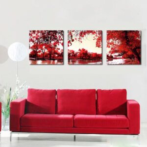 16¡Á16in¡Á3 Panels Red Leaves and Lake Hanging Canvas Waterproof and Eco-friendly Framed Prints