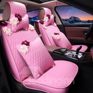 Lovely Pink Leather With White Flowers Cost-Effective Universal Car Seat Cover