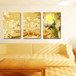 The Peacock and Flowers 3-Pieces of Crystal Film Art Wall Print