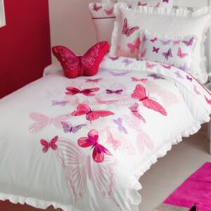 Embroidered Butterflies Printed 3-Piece Cotton Pink Duvet Covers/Bedding Sets