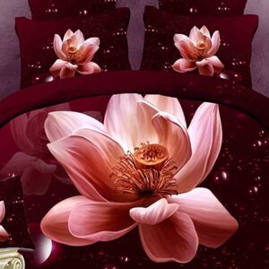 3D Blooming Lotus Printed Polyester 4-Piece Burgundy Bedding Sets/Duvet Cover