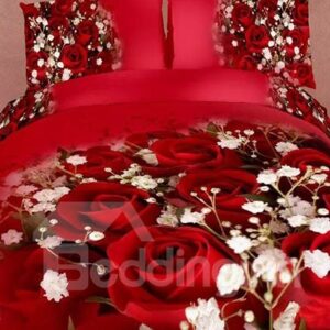 Luxuriant Red Rose and White Hydrangeas Print 4-Piece Cotton Duvet Cover Sets