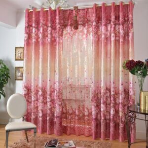 Romantic Pink Roses Print Blackout Decorative Grommet Top Curtain
