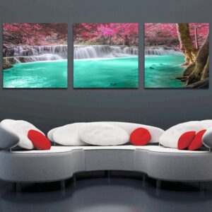 16¡Á16in¡Á3 Panels Green Waterfall and Trees Hanging Canvas Waterproof and Eco-friendly Framed Prints