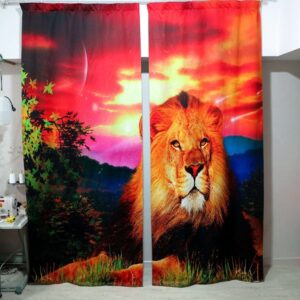 3D Ferocious Lion with Sunset Printed Thick Polyester 2 Panels Custom Curtain