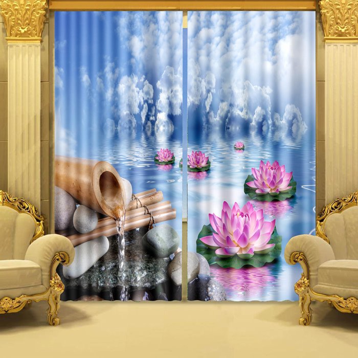 3D Wonderful Lotus Printed Thick Polyester Nature Scenery Custom Decorative Curtain - Image 3