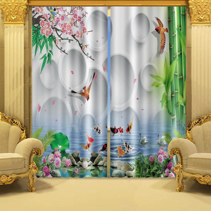 The Blooming Titoni and Fish Swimming in Water Printed 3D Curtain - Image 5