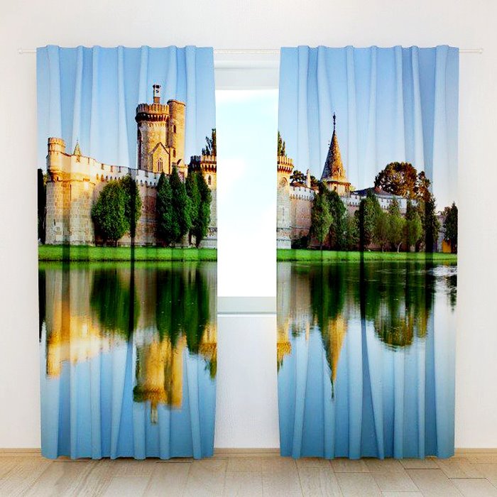 Castle Shadow In The Water Print 3D Curtain - Image 2