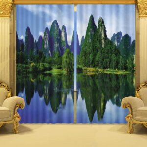 Two Symmetrical Mountains and Rivers Nature Landscape Printing 3D Shading Curtain