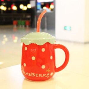 Ceramics Fruit Handwork Strawberry Mug with Lid Coffee Mug Water Tea Cup for Women Mom Friends Lovers Gifts