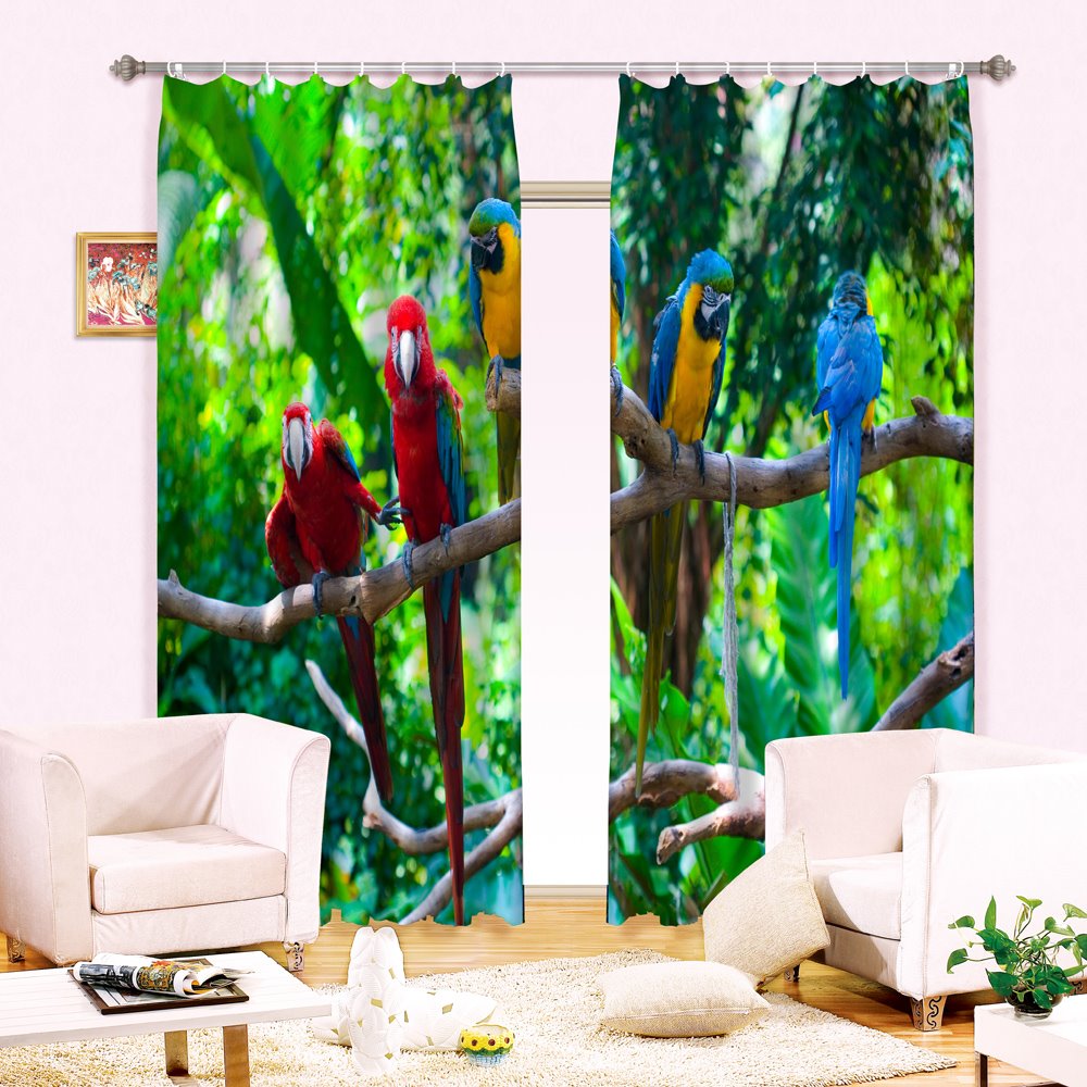 3D Lifelike Colorful Parrots on Branches Printed Animals Style 2 Panels Custom Blackout Curtain