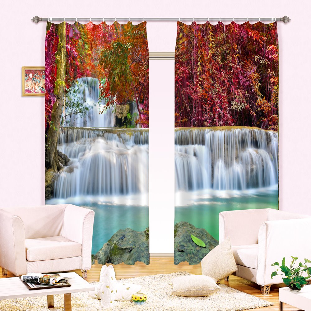 Amazing Red Leaves and Waterfalls Printing Blackout Custom 3D Curtain for Living Room - Image 2