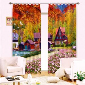 3D Red Trees and Wooden House with Red Leaves Decorative Custom Curtain