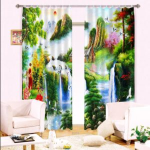 Mountains and River Peaceful Nature Scenery Printing 2 Panels Custom 3D Curtain