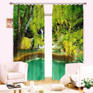 Green Forest and Waterfall Printed Thick Polyester Energy Saving Custom 3D Curtain