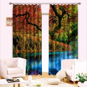 Two Pieces Red Leaves and Peaceful River Printing Wonderful Natural Scenery Decorative 3D Curtain