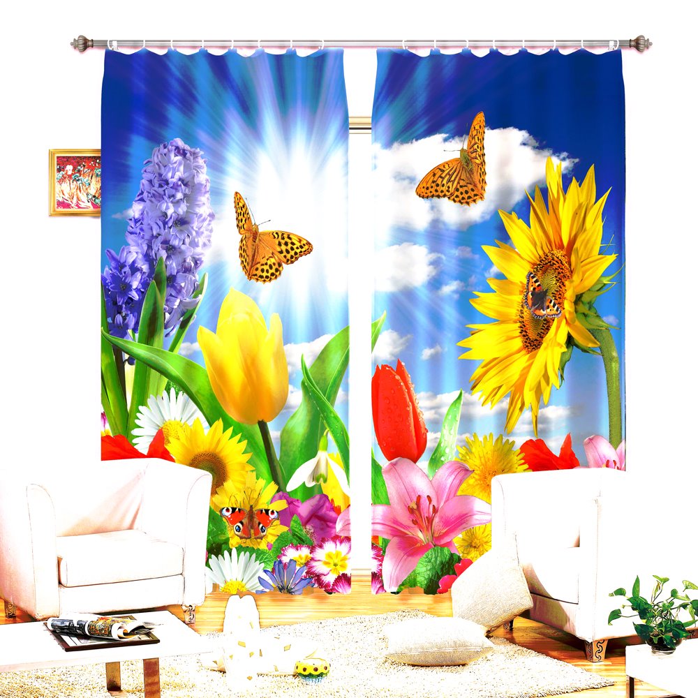 3D Colorful Flowers Red Rose Butterflies Printed Two Panels 3D Curtain - Image 7