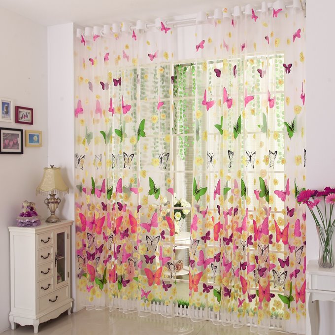Decorative and Shading Polyester Colorful Butterflies Printed Pastoral Style Sheer Curtain and Drapes