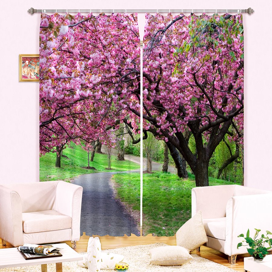 3D Beautiful Pink Peach Flowers and Green Grassland Printed Custom Curtain - Image 4