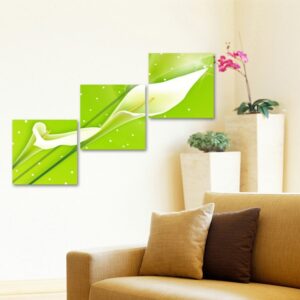16¡Á16in¡Á3 Panels Green Background with Flowers Printed Crystal Film Waterproof Eco-friendly Framed Prints