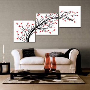 16¡Á16in¡Á3 Panels Black Branches and Red Leave Hanging Canvas Waterproof Eco-friendly Framed Prints