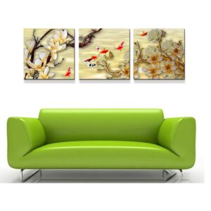 Golden Fish and Flowers 3-Piece Crystal Film Art Wall Prints