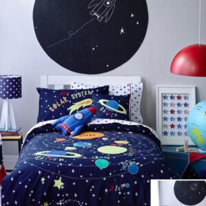 Solar System Pattern Cotton Boy 3-Piece Blue Duvet Covers Colorfast Wear-resistant Endurable Skin-friendly All-Season Ultra-soft No-fading Bedding Sets