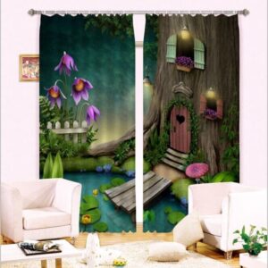 3D Cozy Tree House and Pond Printed Thick Polyester Fantastic Scenery Custom Room Curtain