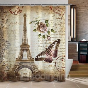3D Eiffel Tower and Butterfly Printed Polyester Bathroom Shower Curtain