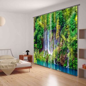 3D Green Forest Stream Printed Thick Polyester Natural Scenery 2 Panels Custom Curtain