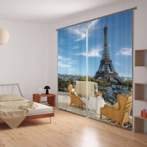 3D Eiffel Tower and Modern Chairs Printed Polyester Romantic Style Custom Decorative Curtain