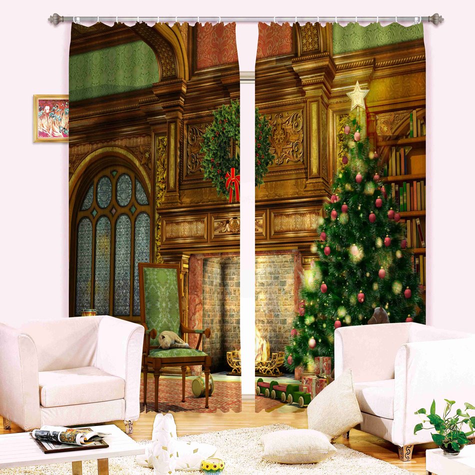 3D Christmas Theme Decor Tree and Retro Castle Printed Polyester 2 Panels Custom Curtain - Image 5