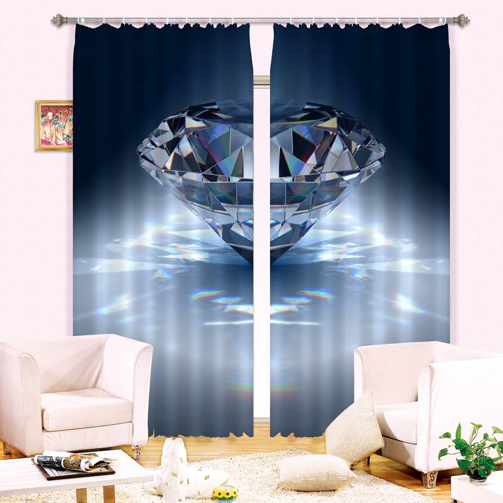 3D Beautiful Light Blue Diamond Printed Living Room Decorative and Blackout Curtain - Image 3