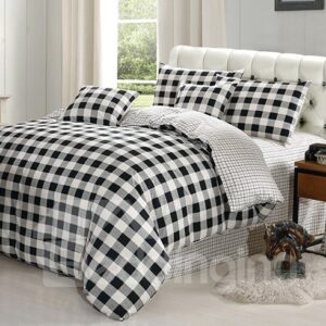 US Only Black and White Plaid Pattern Cotton 4-Piece Bedding Set Duvet Cover Set