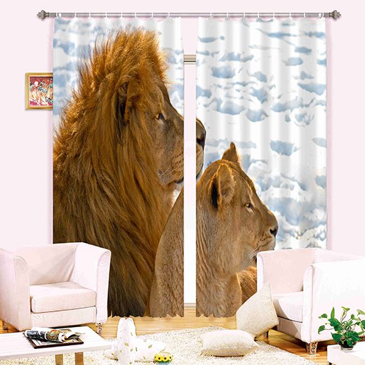 3D Lioness and Her Cub Printed Thick Polyester 2 Panels Shading and Decorative Curtain