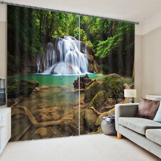 3D Wonderful Waterfalls Flowing in Deep Forest Printed Polyester Custom Curtain - Image 5