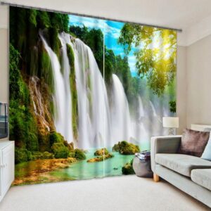 3D Turbulent Waterfall and Green Trees Printed Nature Scenery Decoration Custom Curtain